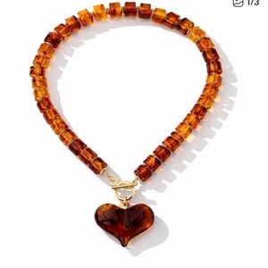 New! Amber Lucite Heart Beaded Necklace (2010) NWOT